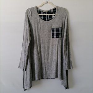 Easel Womens Gray Blue Plaid Back Long Sleeve Pocket Tunic T-Shirt Size L